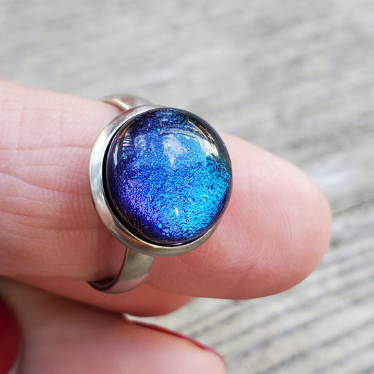 Bague aqua, verre fusion - Bijoux Le fil d'Ariane