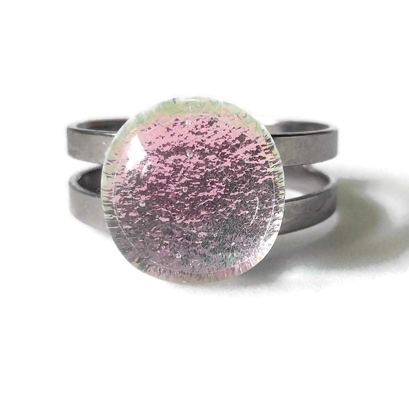 Bague régulière, rose pâle, transparent, verre fusion - Bijoux Le fil d'Ariane