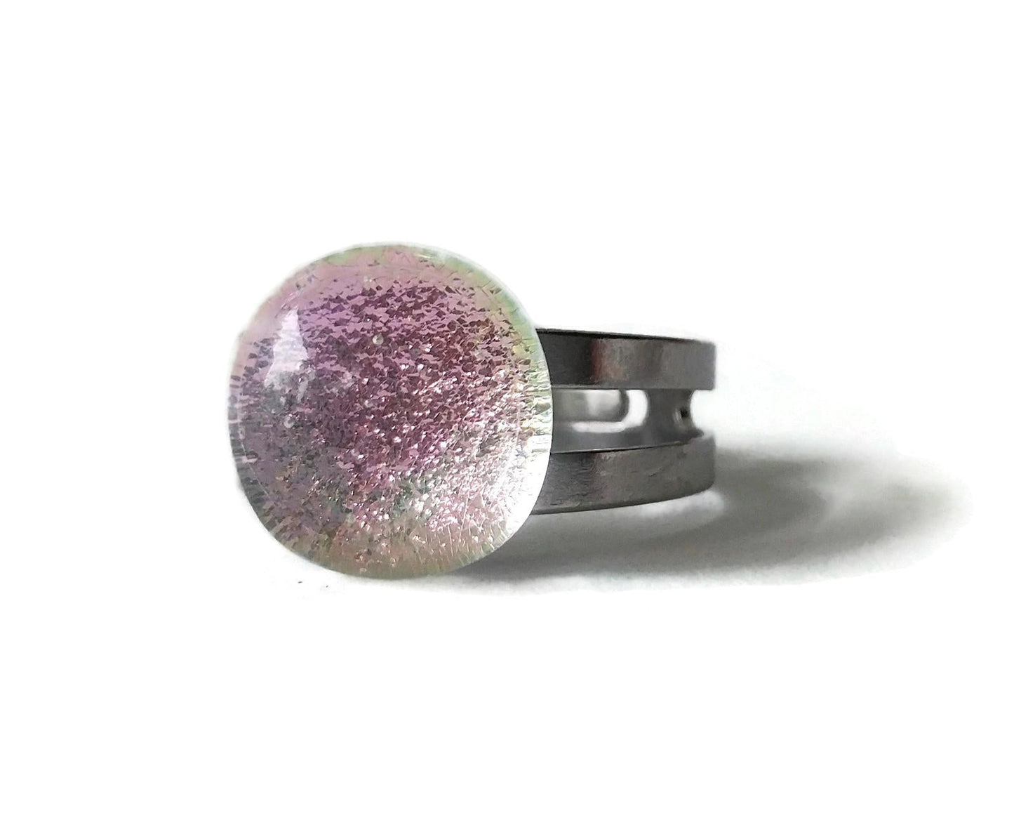 Bague régulière, rose pâle, transparent, verre fusion - Bijoux Le fil d'Ariane