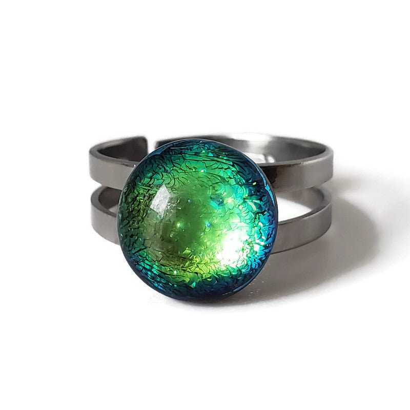 Bague régulière, vert doré, verre fusion - Bijoux Le fil d'Ariane