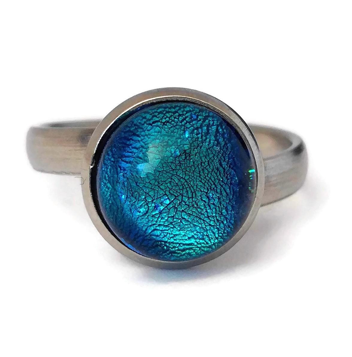 Bague turquoise-bleu, verre fusion - Bijoux Le fil d'Ariane