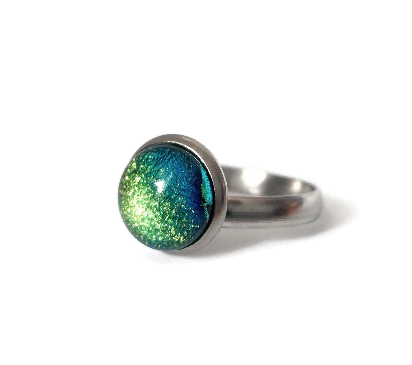 Bague vert doré, verre fusion - Bijoux Le fil d'Ariane