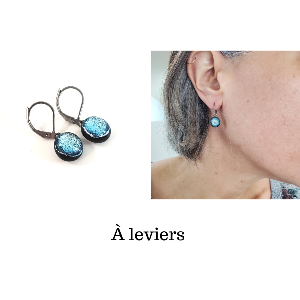 Boucles d'oreille aqua, pendantes en verre fusion - Bijoux Le fil d'Ariane