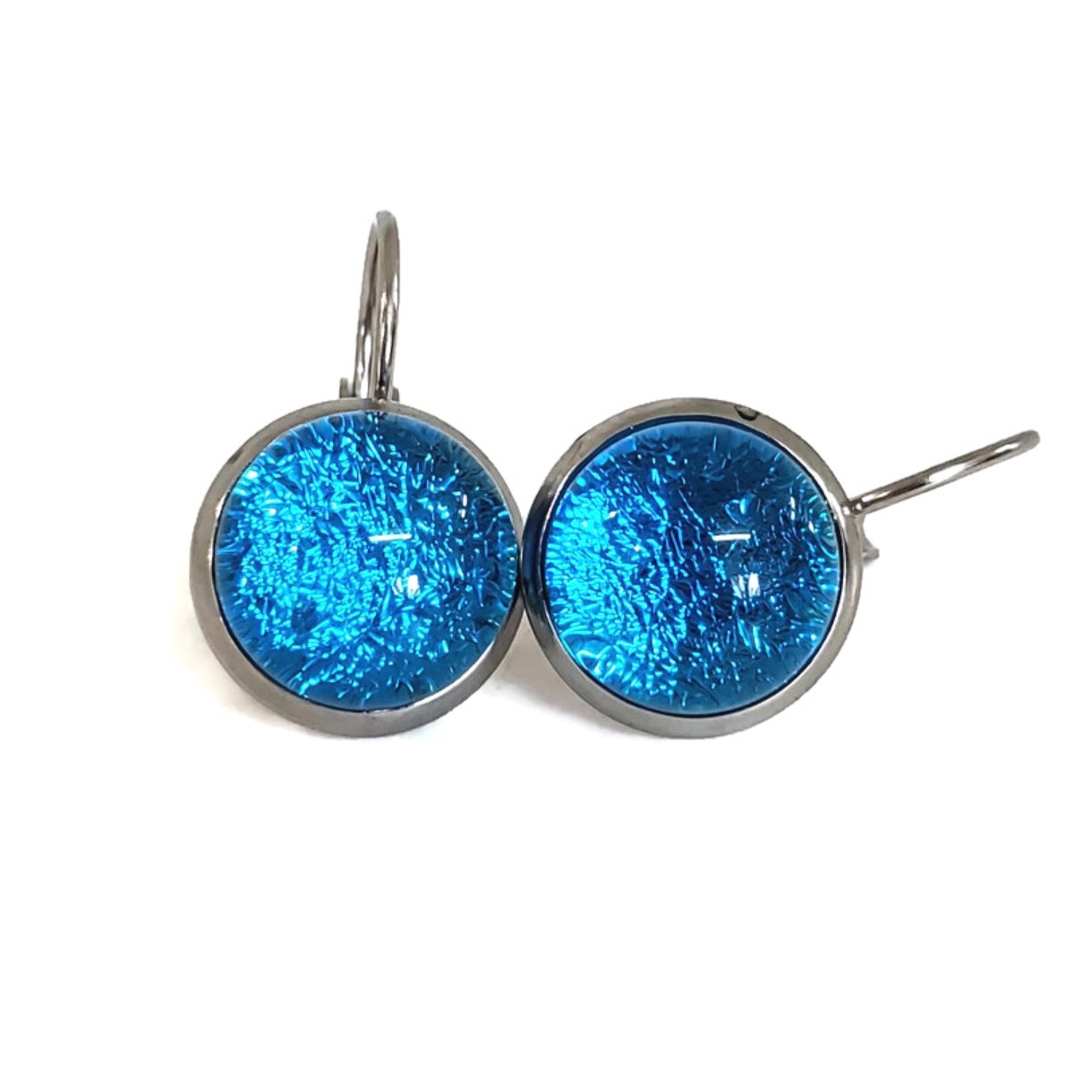 Boucles d'oreille leviers turquoise transparent, en verre fusion - Bijoux Le fil d'Ariane