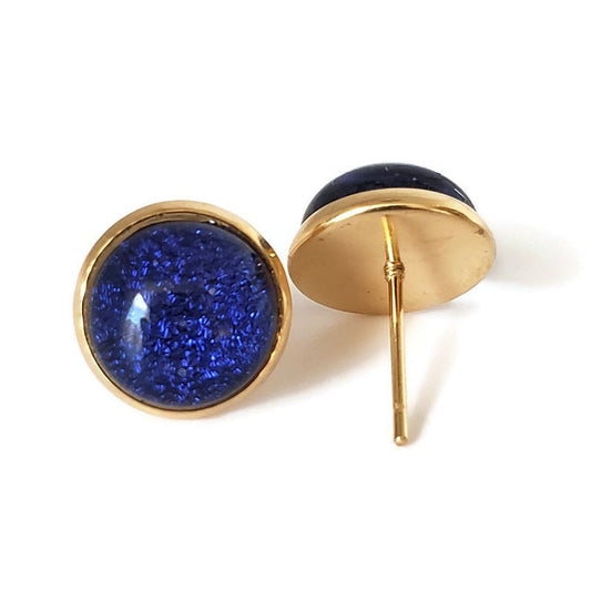 Boucles d'oreilles cabochon bleu-violet foncé, en verre fusion - Bijoux Le fil d'Ariane