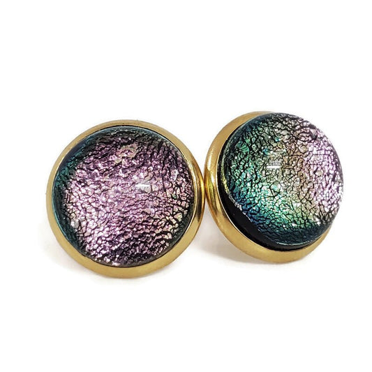 Boucles d'oreilles cabochon rose pâle, en verre fusion - Bijoux Le fil d'Ariane