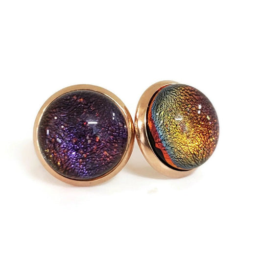 Boucles d'oreilles cabochon rouge-prune en verre fusion - Bijoux Le fil d'Ariane