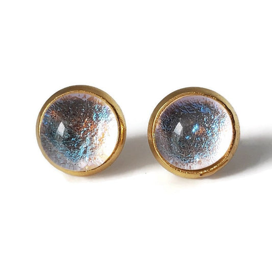 Boucles d'oreilles cabochon transparent bleu, en verre fusion - Bijoux Le fil d'Ariane