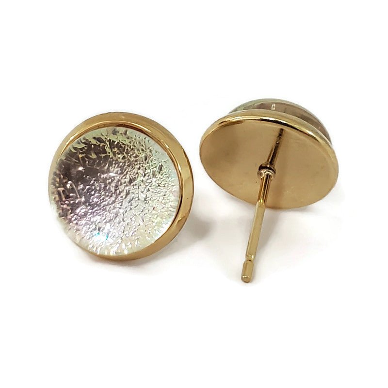 Boucles d'oreilles cabochon transparent rose, en verre fusion - Bijoux Le fil d'Ariane