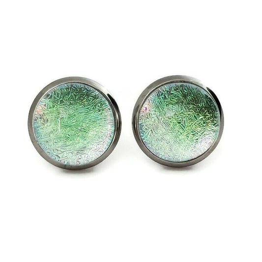 Boucles d'oreilles cabochon transparent vert-doré, en verre fusion - Bijoux Le fil d'Ariane