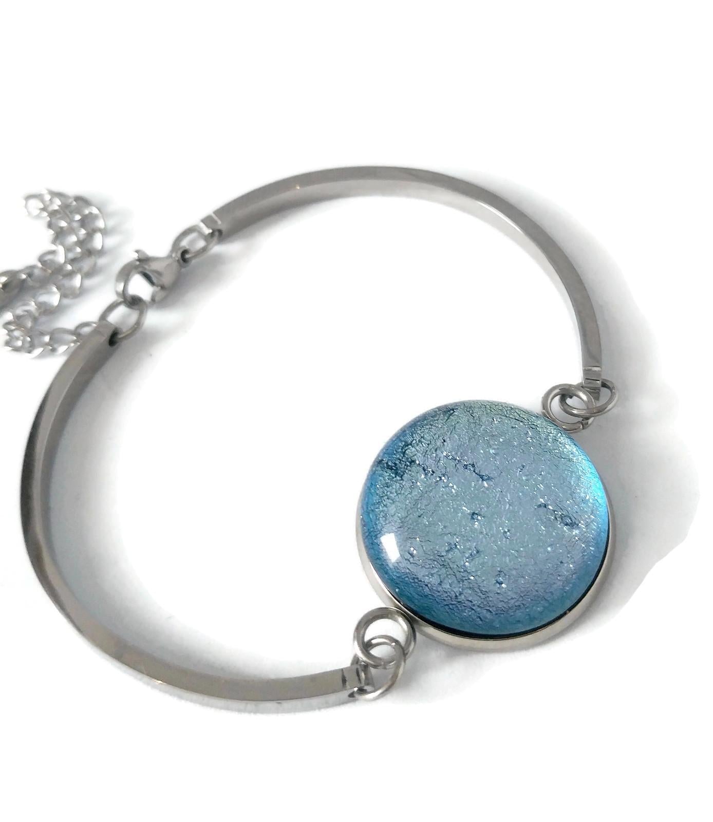 Bracelet d'acier inoxydable et verre fusion argent - Bijoux Le fil d'Ariane