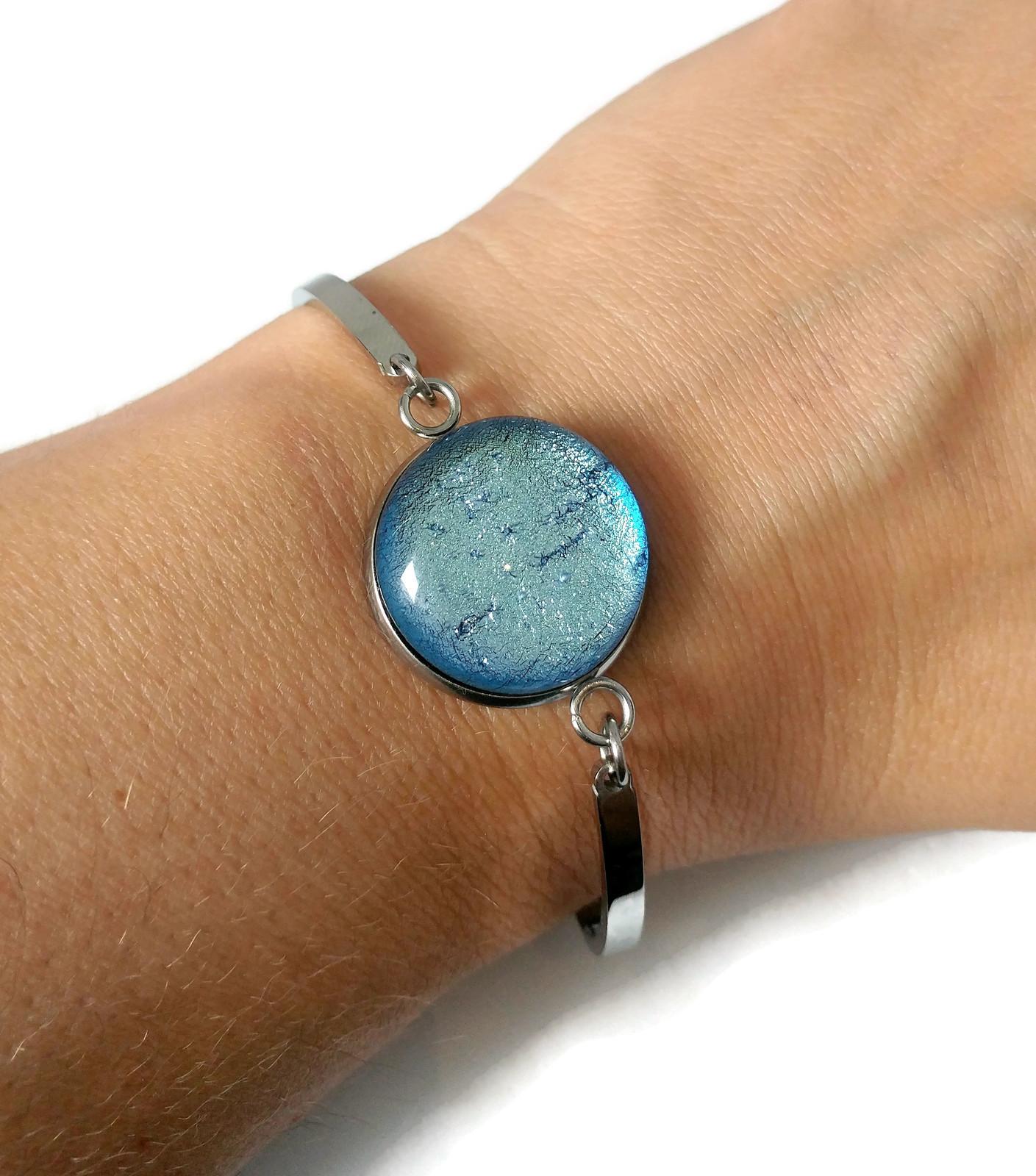 Bracelet d'acier inoxydable et verre fusion argent - Bijoux Le fil d'Ariane