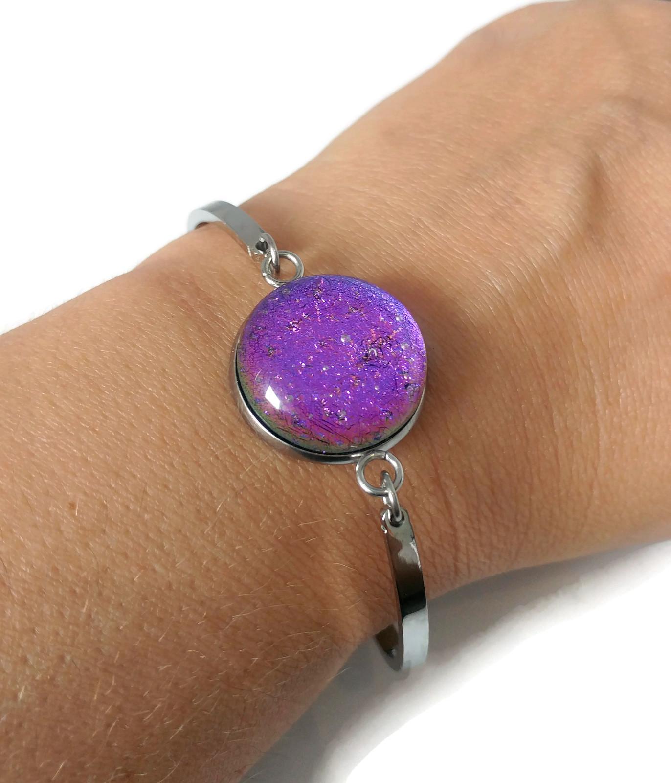 Bracelet d'acier inoxydable et verre fusion mauve-bleu - Bijoux Le fil d'Ariane