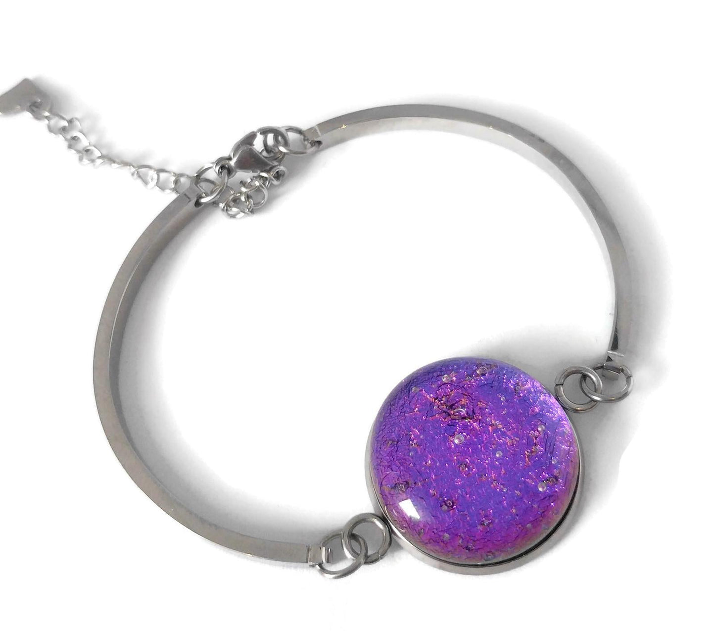 Bracelet d'acier inoxydable et verre fusion mauve-bleu - Bijoux Le fil d'Ariane