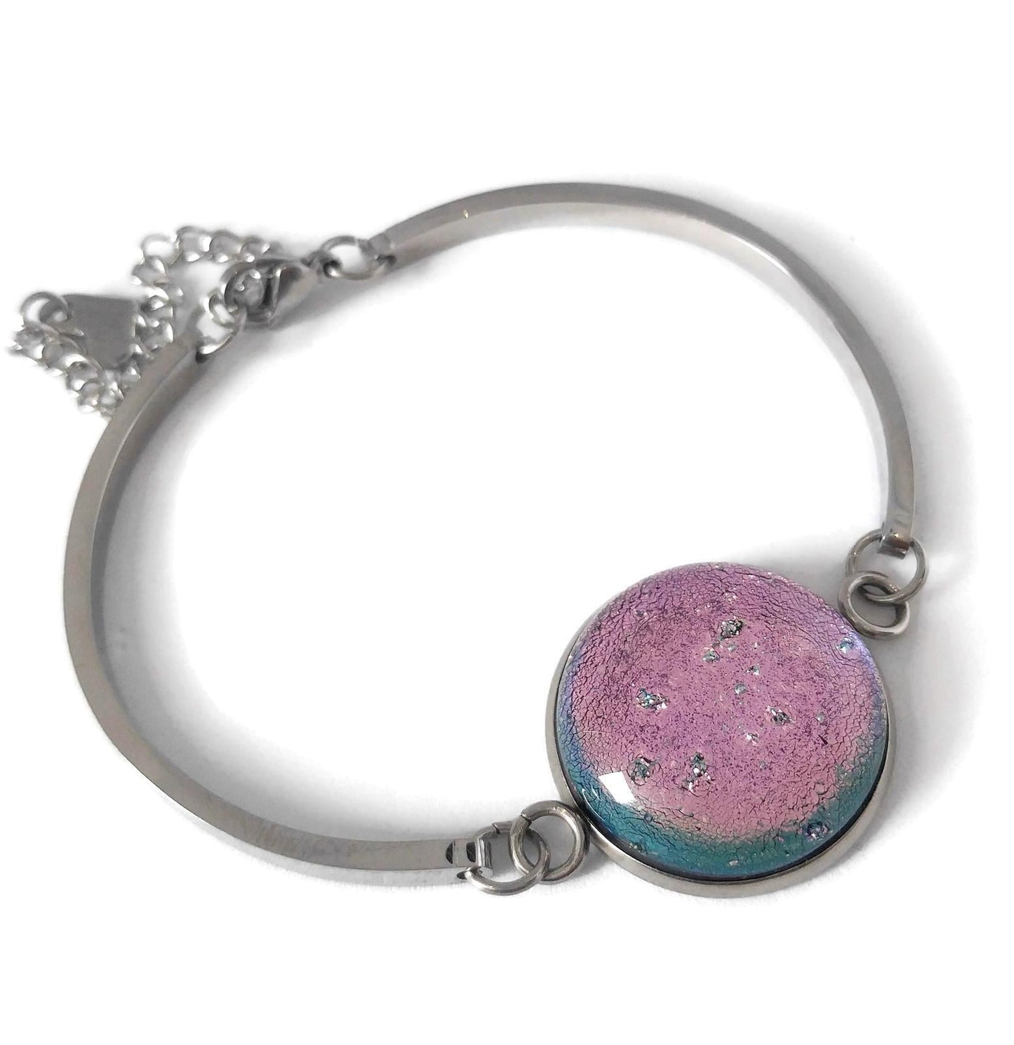 Bracelet d'acier inoxydable et verre fusion rose pâle - Bijoux Le fil d'Ariane