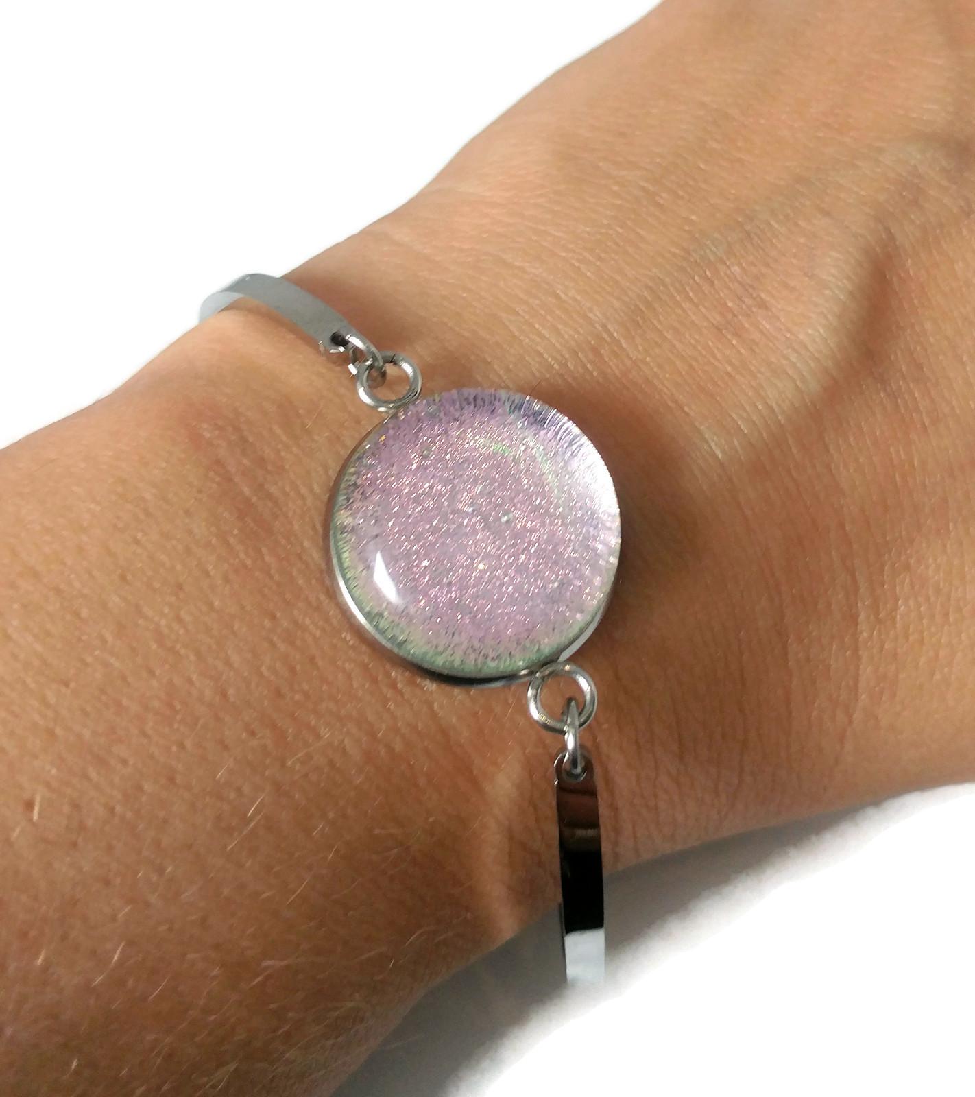 Bracelet d'acier inoxydable et verre fusion transparent rose pâle - Bijoux Le fil d'Ariane