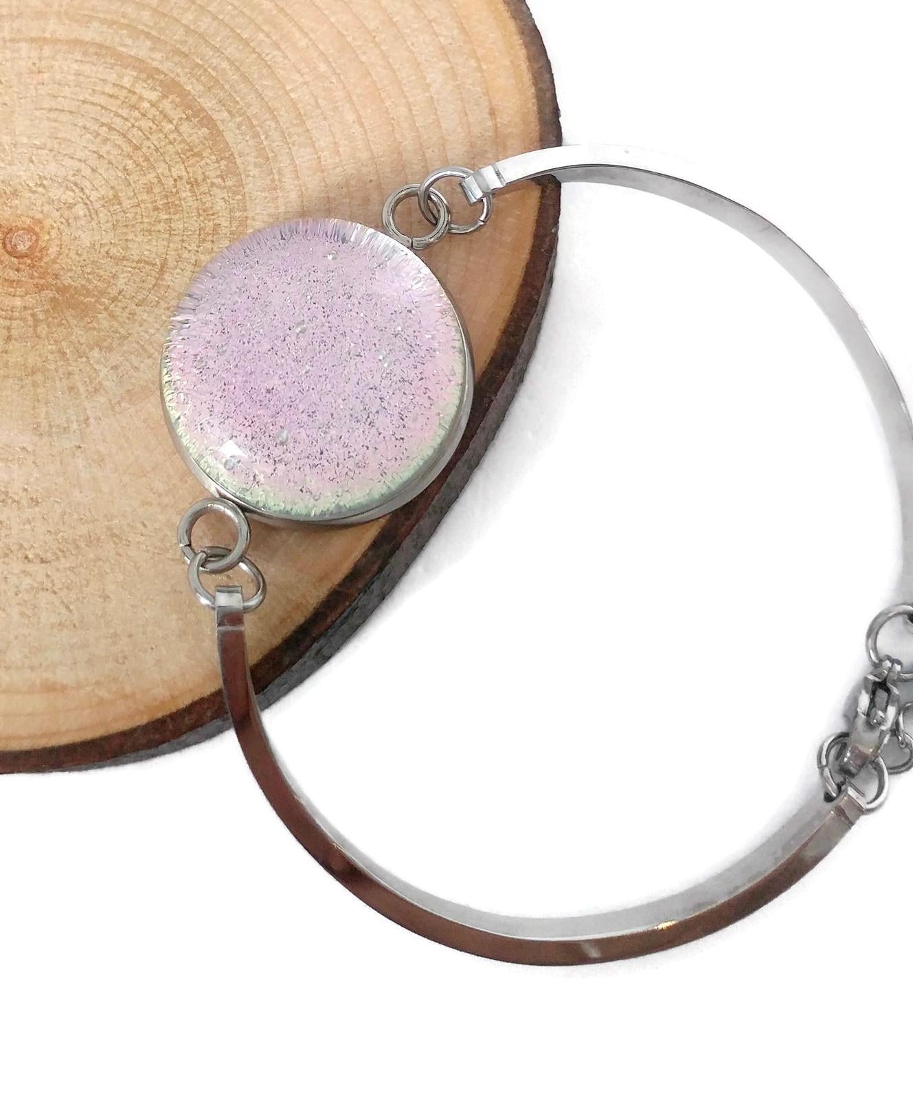 Bracelet d'acier inoxydable et verre fusion transparent rose pâle - Bijoux Le fil d'Ariane