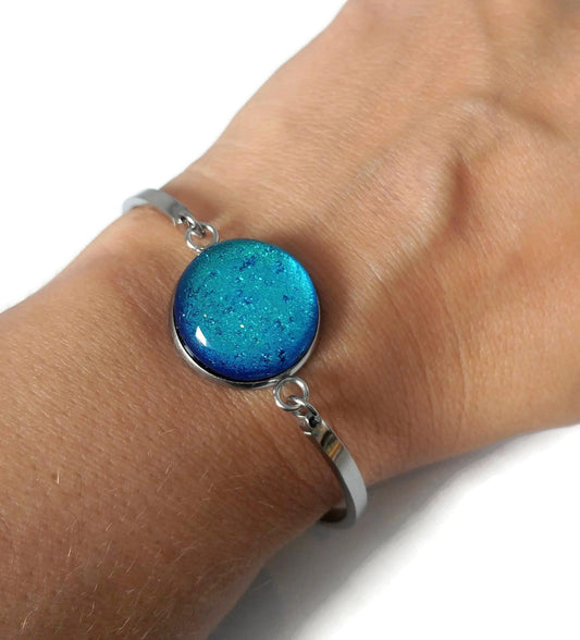 Bracelet d'acier inoxydable et verre fusion turquoise-bleu - Bijoux Le fil d'Ariane