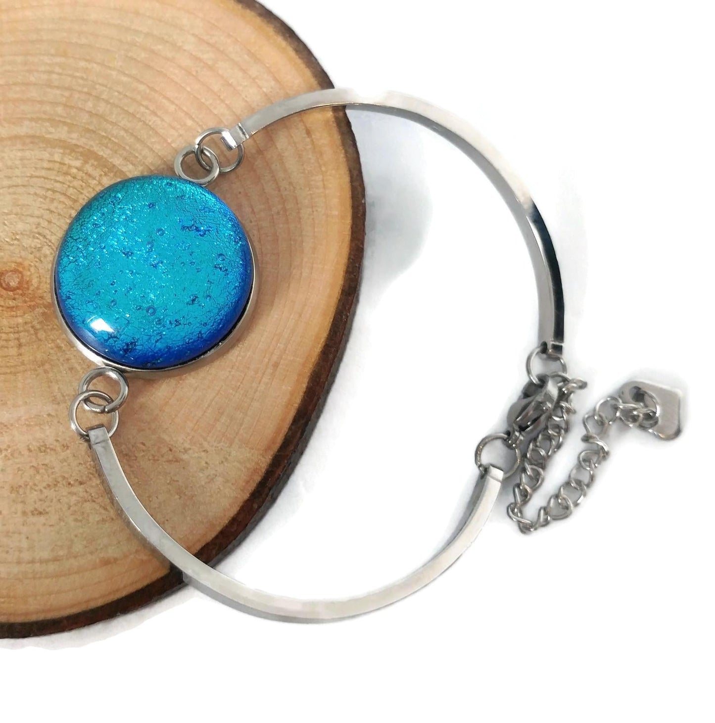 Bracelet d'acier inoxydable et verre fusion turquoise-bleu - Bijoux Le fil d'Ariane