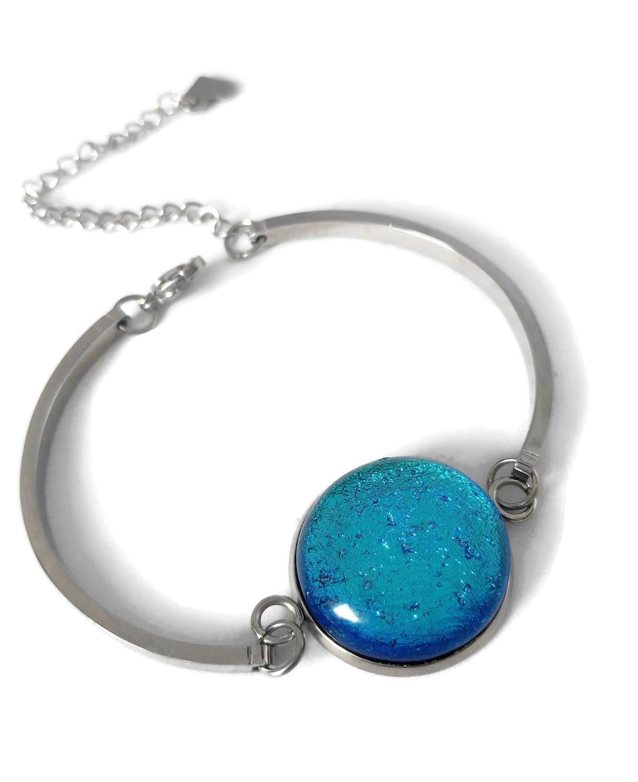 Bracelet d'acier inoxydable et verre fusion turquoise-bleu - Bijoux Le fil d'Ariane