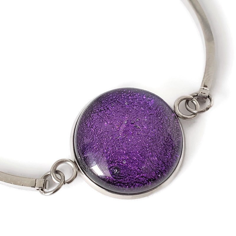 Bracelet d'acier inoxydable et verre fusion violet - Bijoux Le fil d'Ariane