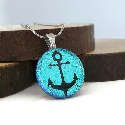 Collier ancre, rond en verre fusion - Bijoux Le fil d'Ariane