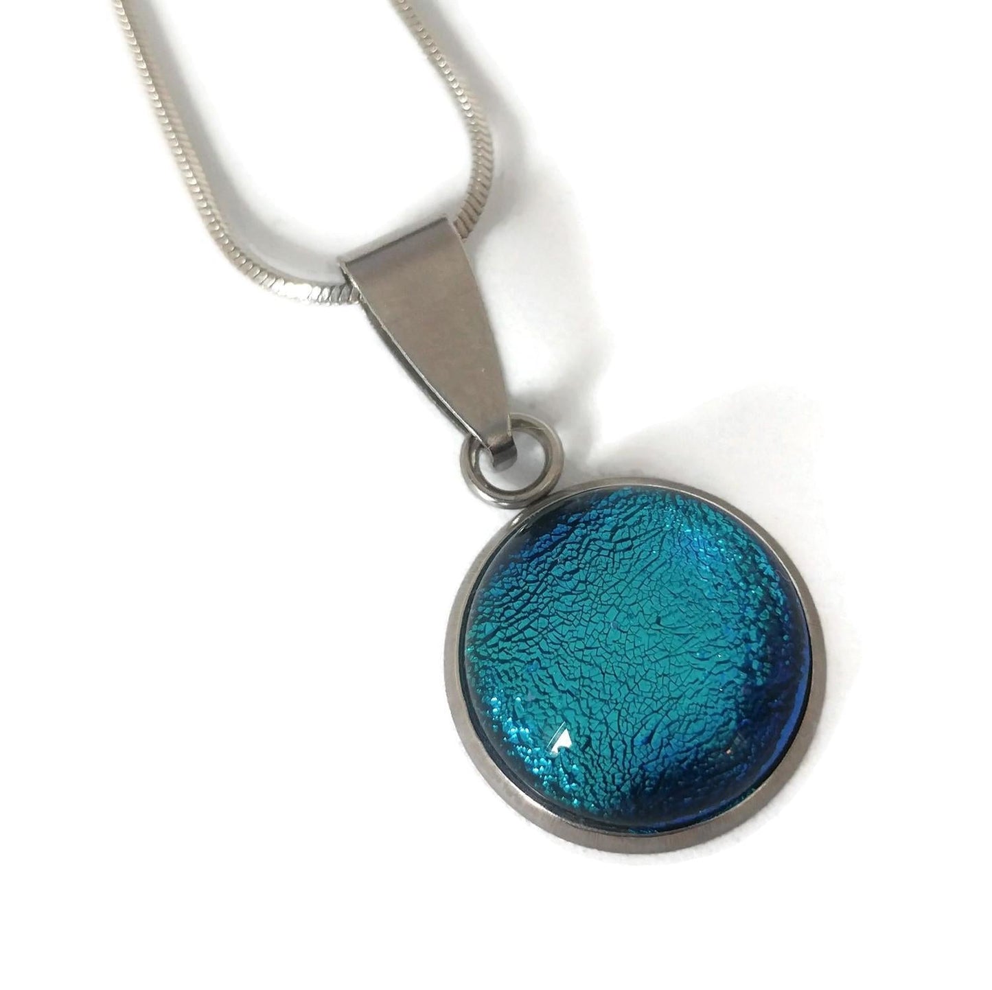 Collier cabochon, bleu-turquoise, verre fusion - Bijoux Le fil d'Ariane