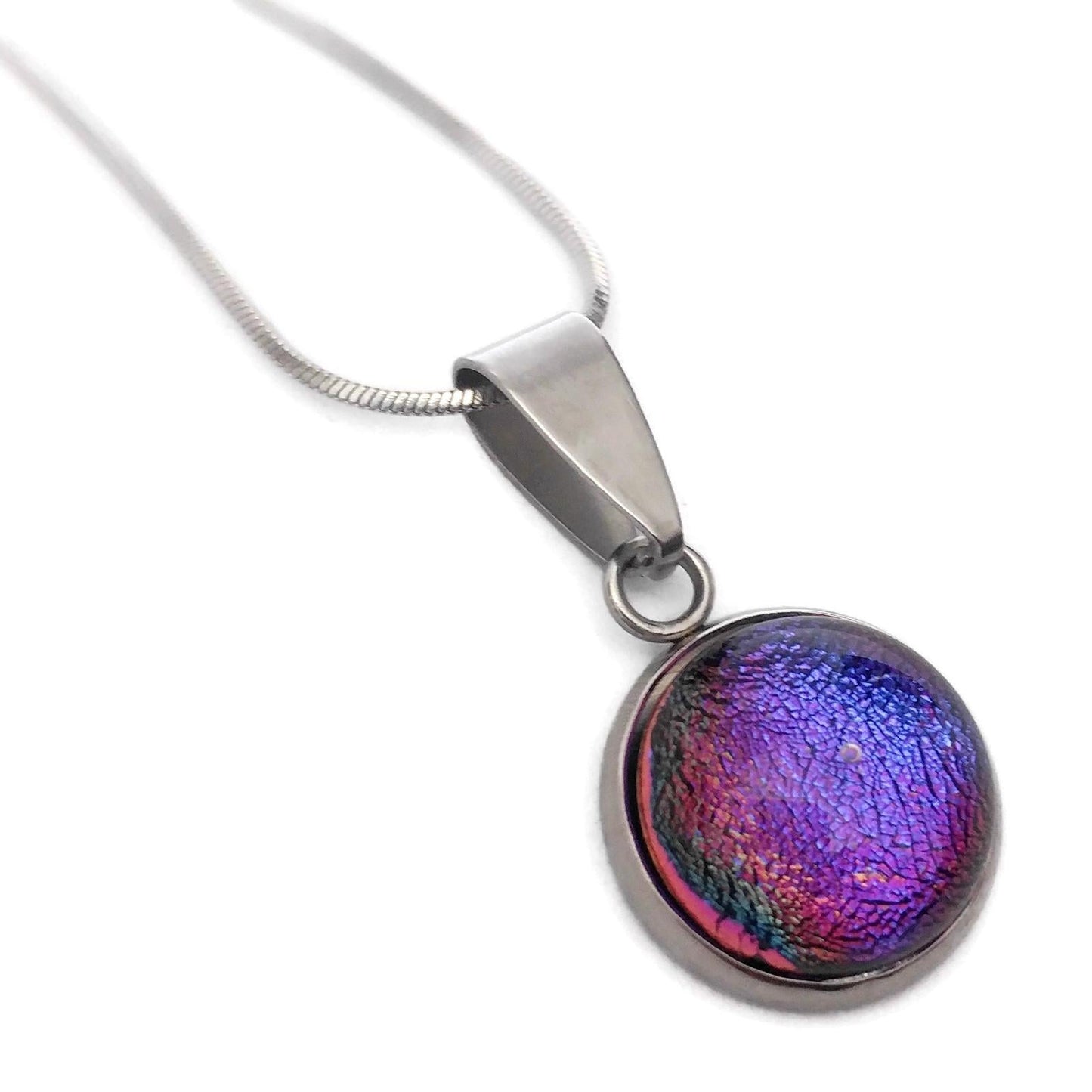 Collier cabochon, mauve-bleu, verre fusion - Bijoux Le fil d'Ariane