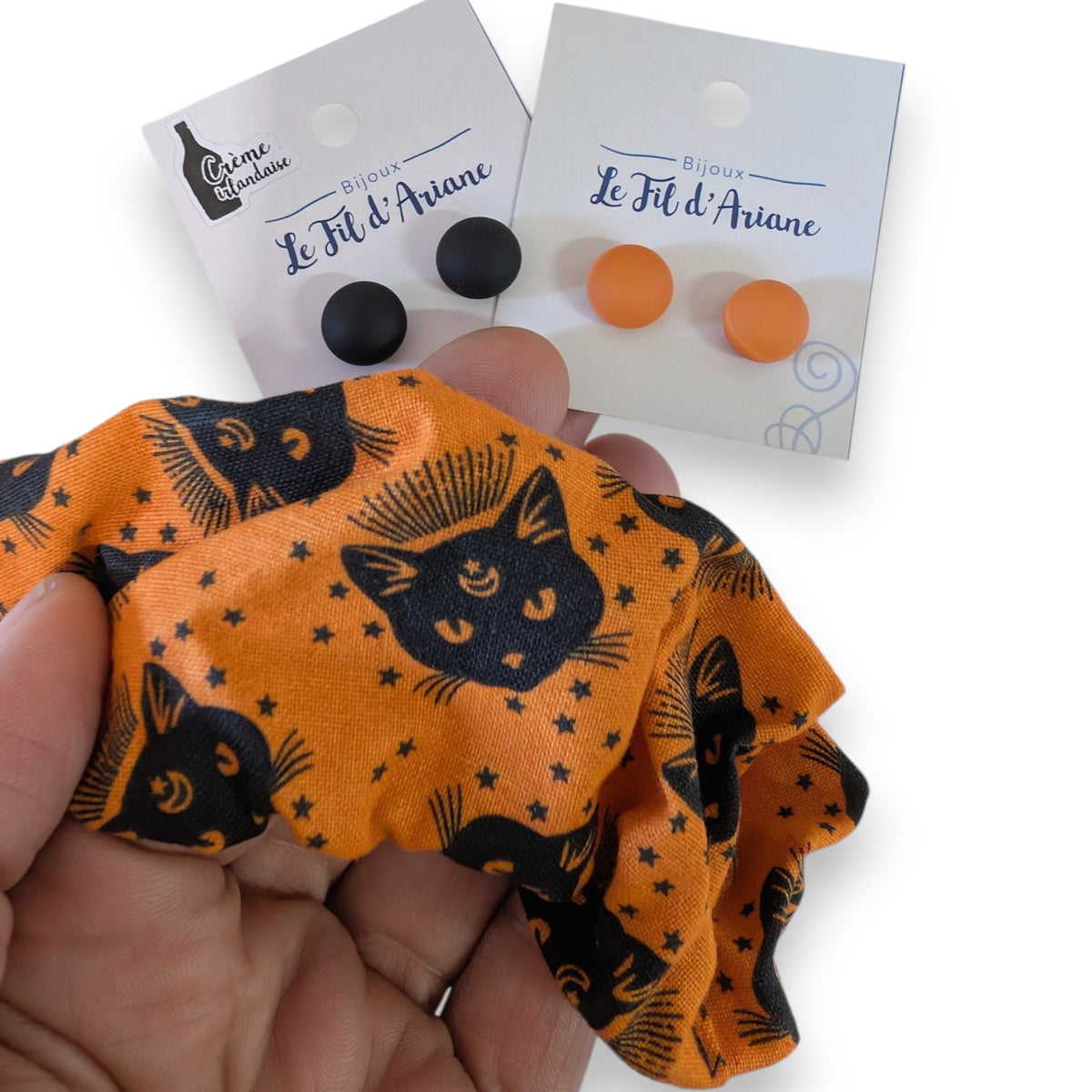 Orange scrunchie with black cats