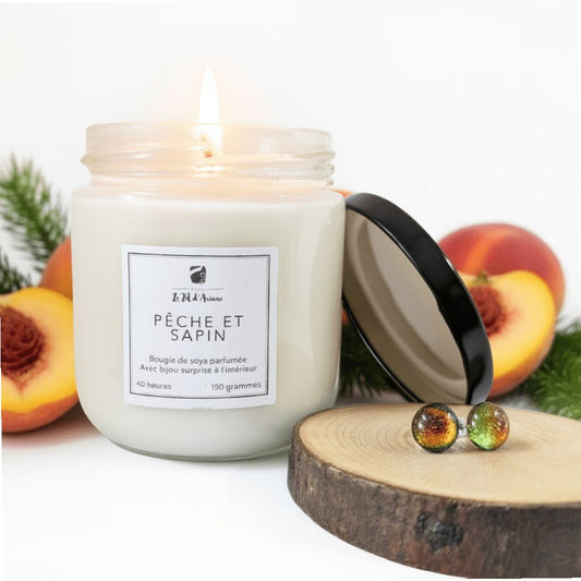 Bougie Pêches et sapin, avec ou sans bijou - surprise - Bijoux Le fil d'Ariane
