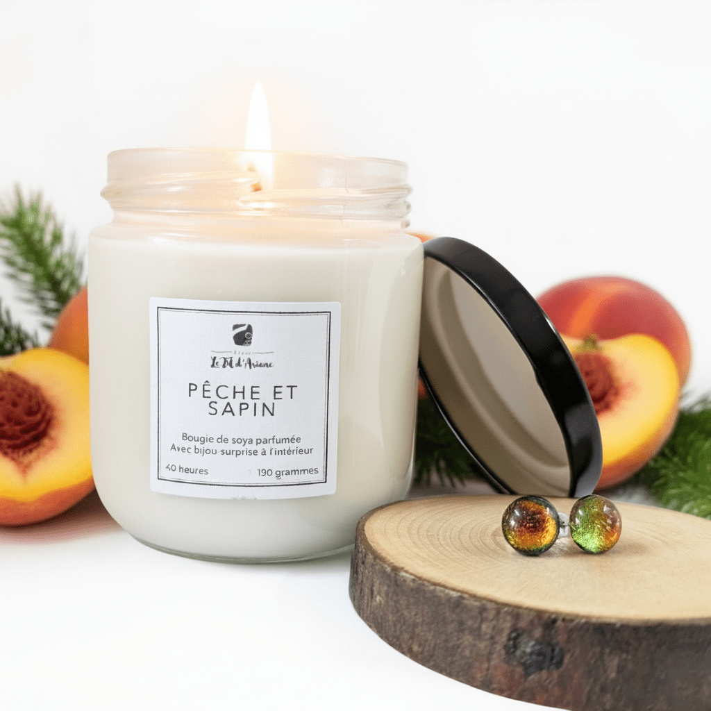 Bougie Pêches et sapin, avec ou sans bijou - surprise - Bijoux Le fil d'Ariane