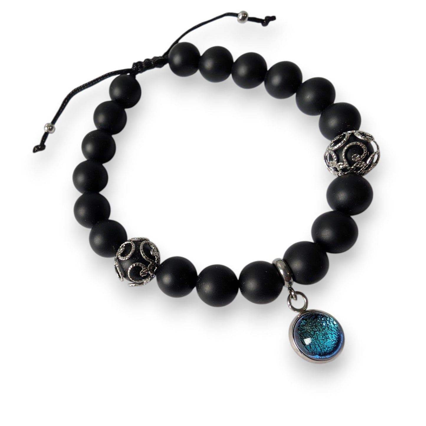 Bracelet agates noires mattes et breloque de verre neuf - Bijoux Le fil d'Ariane