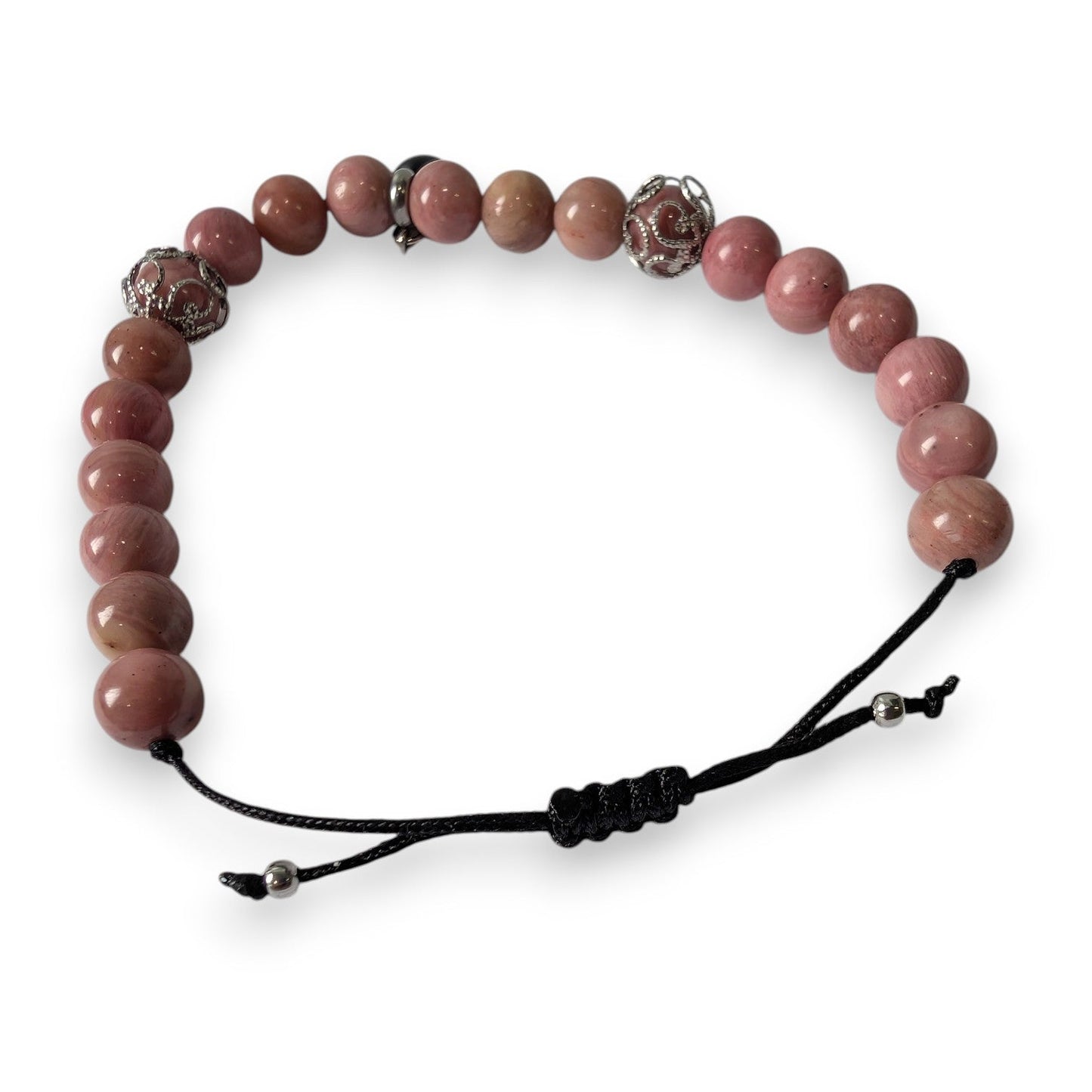 Bracelet Rhodonite rose et breloque de verre récupéré - Bijoux Le fil d'Ariane