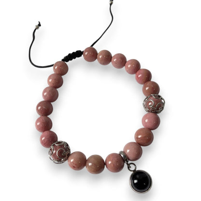 Bracelet Rhodonite rose et breloque de verre récupéré - Bijoux Le fil d'Ariane