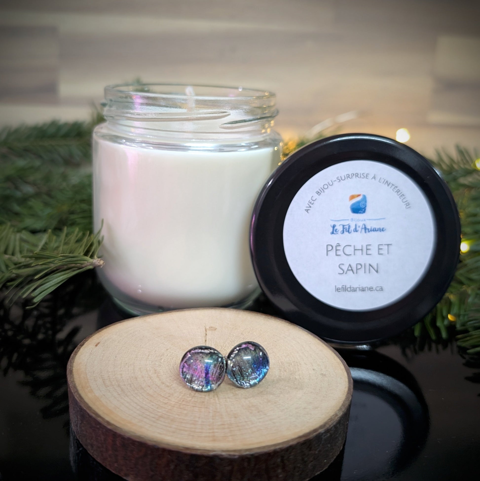 Chandelle - à - bijoux Pêches et sapin - Bijoux Le fil d'Ariane