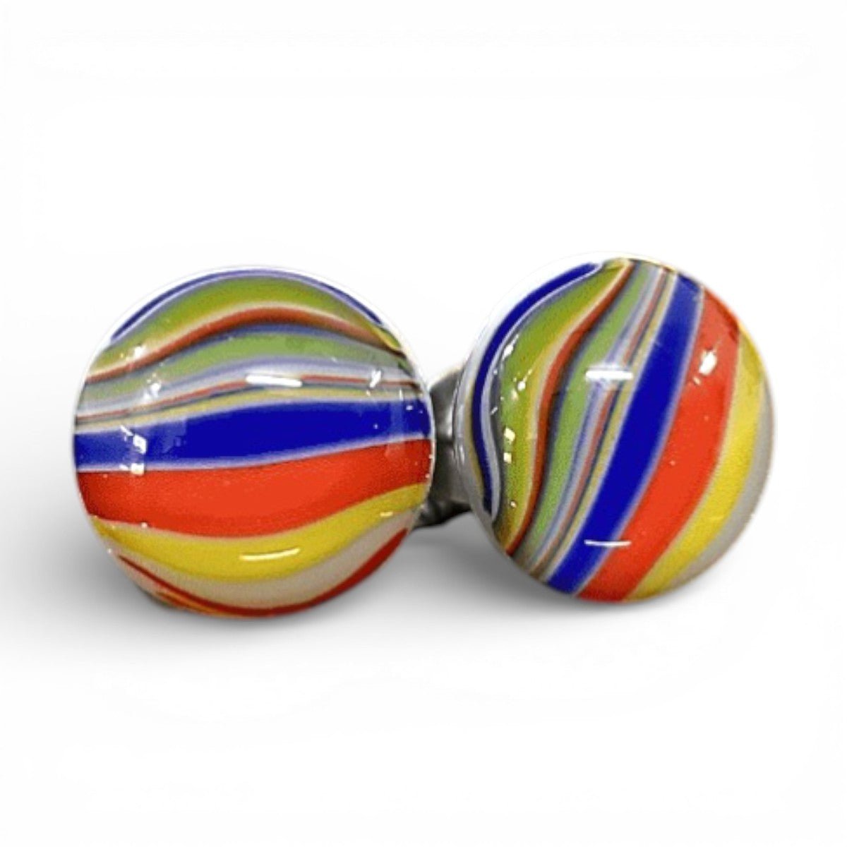 Puces d'oreille lignées jaune, rouge et bleu - Bijoux Le fil d'Ariane