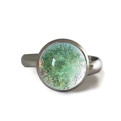 Bague argent, transparent et vert-doré, verre fusion - Bijoux Le fil d'Ariane