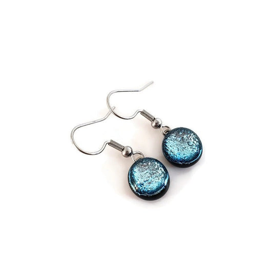 Boucles d'oreille argent-bleuté, pendantes en verre fusion - Bijoux Le fil d'Ariane