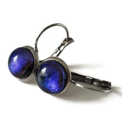 Boucles d'oreille leviers aqua, en verre fusion - Bijoux Le fil d'Ariane