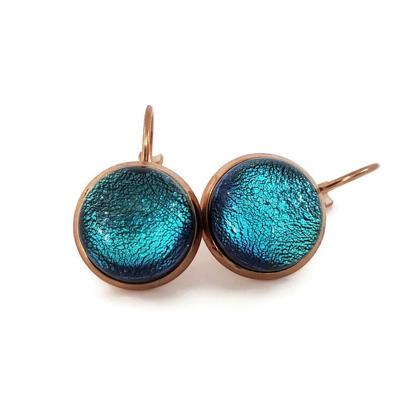 Boucles d'oreille leviers bleu turquoise, en verre fusion - Bijoux Le fil d'Ariane