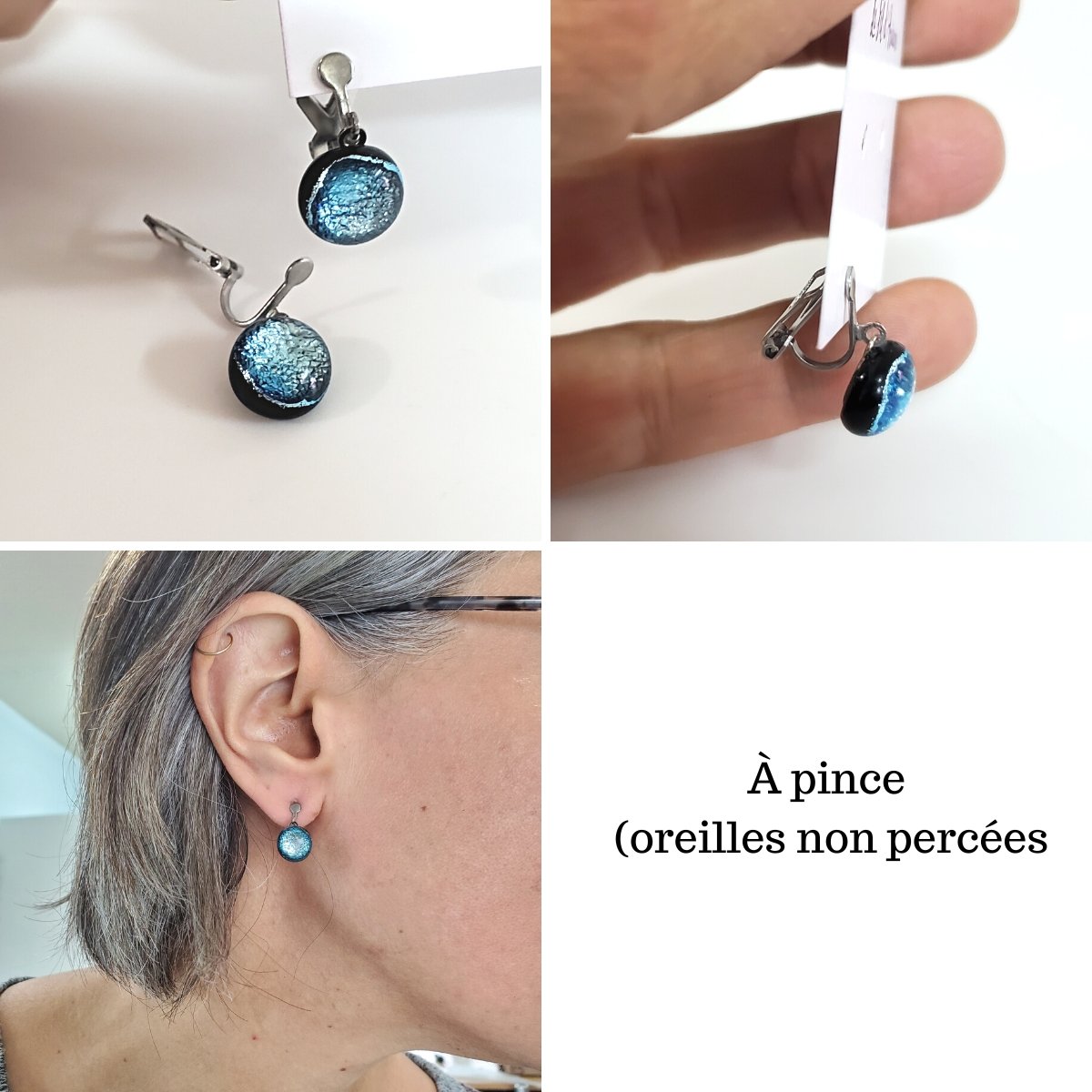 Boucles d'oreille mauve avec reflets bleus, pendantes en verre fusion - Bijoux Le fil d'Ariane