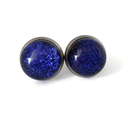 Boucles d'oreilles cabochon bleu-violet foncé, en verre fusion - Bijoux Le fil d'Ariane
