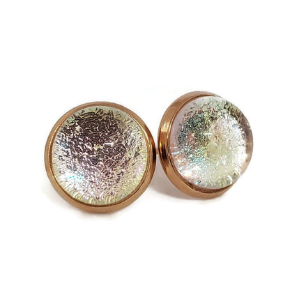 Boucles d'oreilles cabochon transparent rose, en verre fusion - Bijoux Le fil d'Ariane