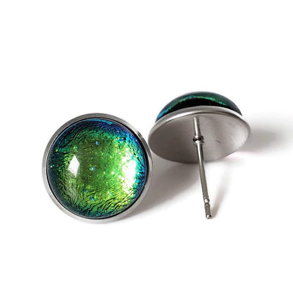 Boucles d'oreilles cabochon vert-doré , en verre fusion - Bijoux Le fil d'Ariane