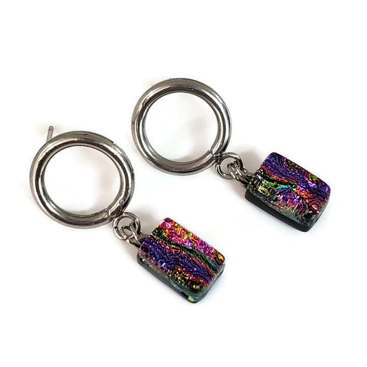 Boucles d'oreilles pendantes, avec anneaux, mauve veiné - Bijoux Le fil d'Ariane