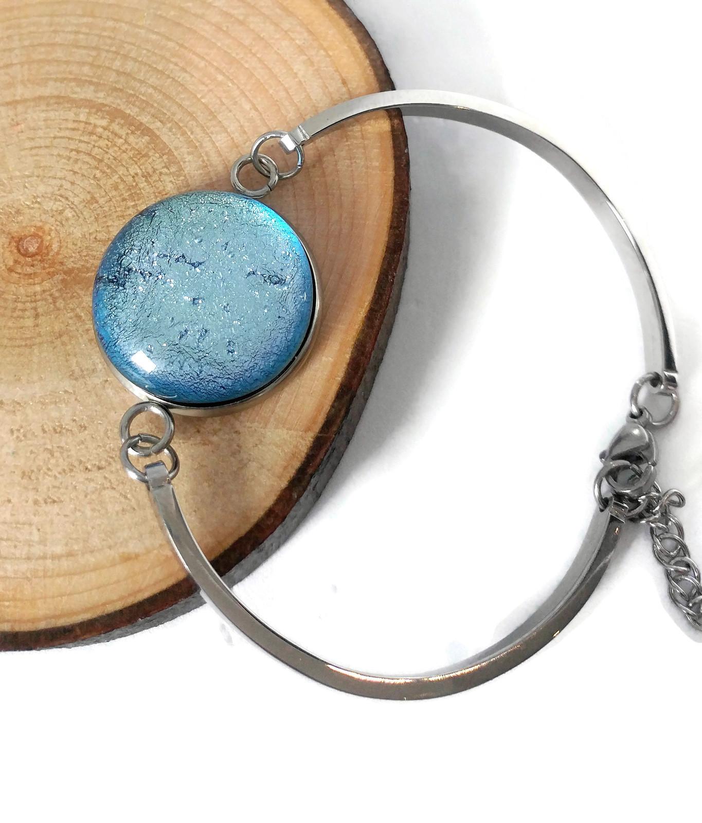 Bracelet d'acier inoxydable et verre fusion argent - Bijoux Le fil d'Ariane