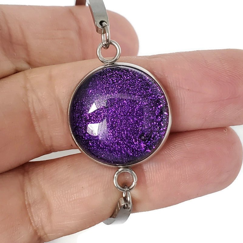 Bracelet d'acier inoxydable et verre fusion violet - Bijoux Le fil d'Ariane
