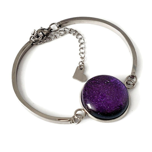 Bracelet d'acier inoxydable et verre fusion violet - Bijoux Le fil d'Ariane
