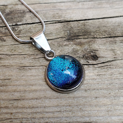 Collier cabochon, aqua, verre fusion - Bijoux Le fil d'Ariane