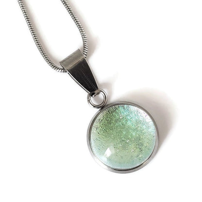 Collier cabochon, transparent et vert-doré, verre fusion - Bijoux Le fil d'Ariane